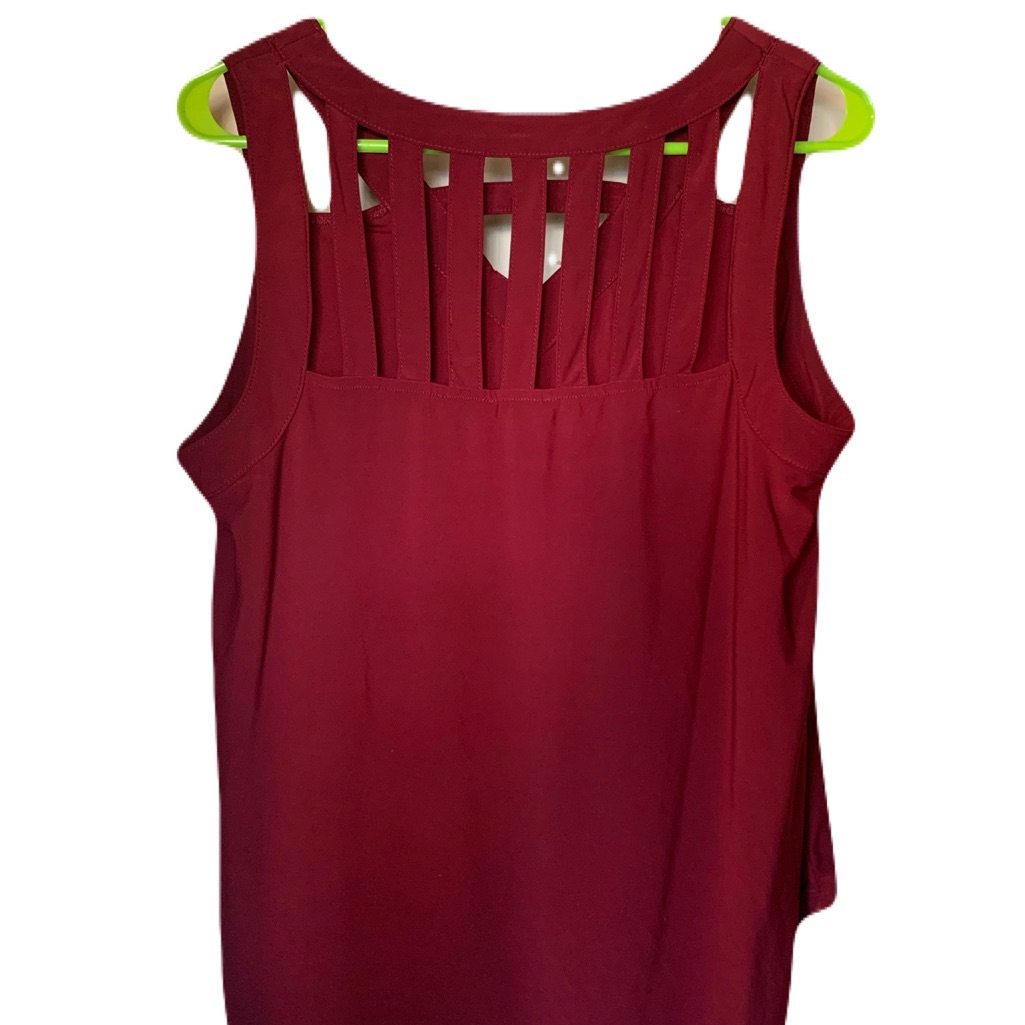 A.U.W. Maroon Burgundy, Cut-Out Tank Top L Sexy Caged Back, Gold “V” Detail